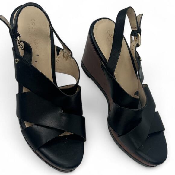 Cole Haan | 9 | Laci Platform Leather Slingback Stacked Wood Wedge Sandal - Picture 3 of 6